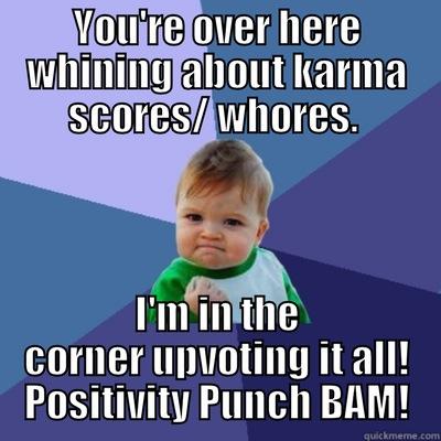 YOU'RE OVER HERE WHINING ABOUT KARMA SCORES/ WHORES.  I'M IN THE CORNER UPVOTING IT ALL! POSITIVITY PUNCH BAM! Success Kid