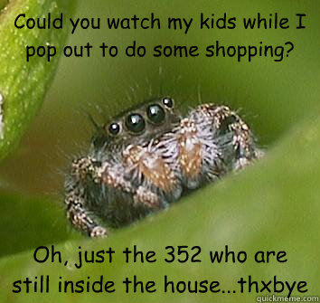 Could you watch my kids while I pop out to do some shopping? Oh, just the 352 who are still inside the house...thxbye  Misunderstood Spider