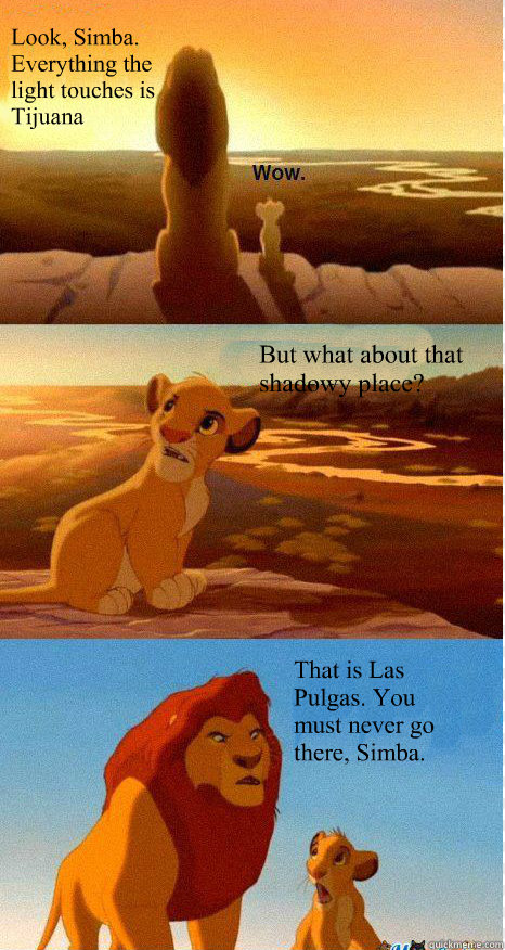 Look, Simba. Everything the light touches is Tijuana But what about that shadowy place? That is Las Pulgas. You must never go there, Simba. - Look, Simba. Everything the light touches is Tijuana But what about that shadowy place? That is Las Pulgas. You must never go there, Simba.  Mufasa and Simba