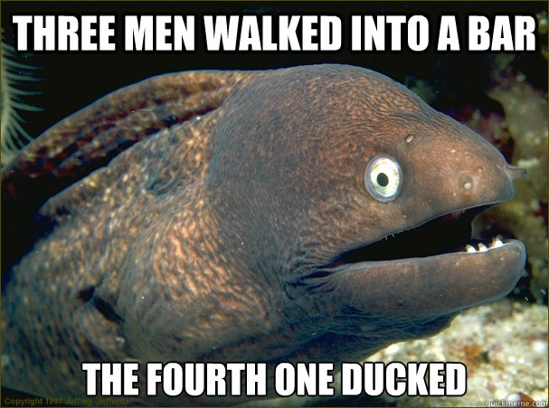 Three men walked into a bar The fourth one ducked  Bad Joke Eel