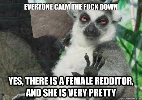 Everyone calm the fuck down Yes, there is a female Redditor, and she is very pretty - Everyone calm the fuck down Yes, there is a female Redditor, and she is very pretty  Too High Lemur