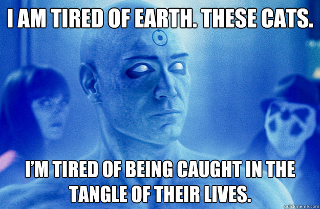 I am tired of Earth. These cats. 
 I’m tired of being caught in the tangle of their lives.
  