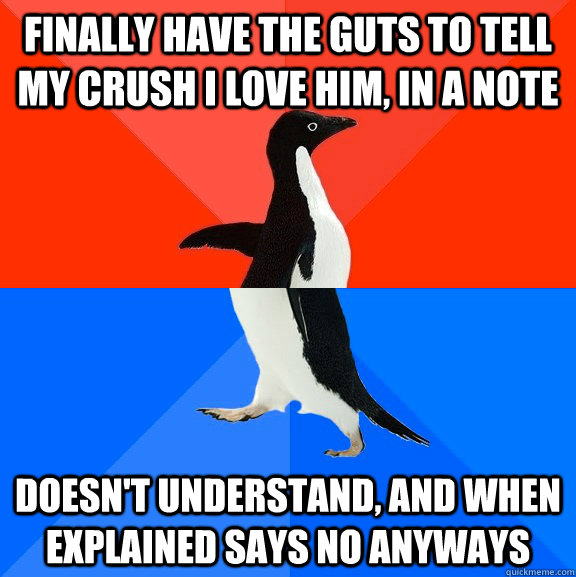 Finally have the guts to tell my crush i love him, in a note doesn't understand, and when explained says no anyways   Socially Awesome Awkward Penguin