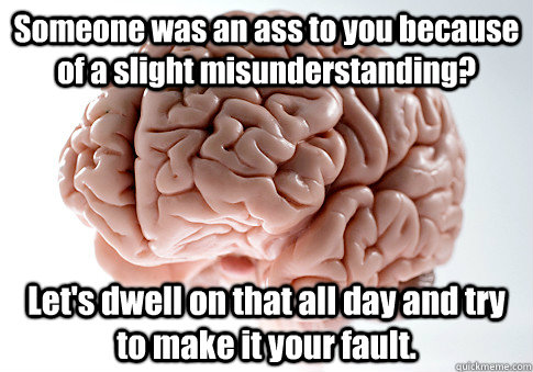 Someone was an ass to you because of a slight misunderstanding? Let's dwell on that all day and try to make it your fault.  Scumbag Brain