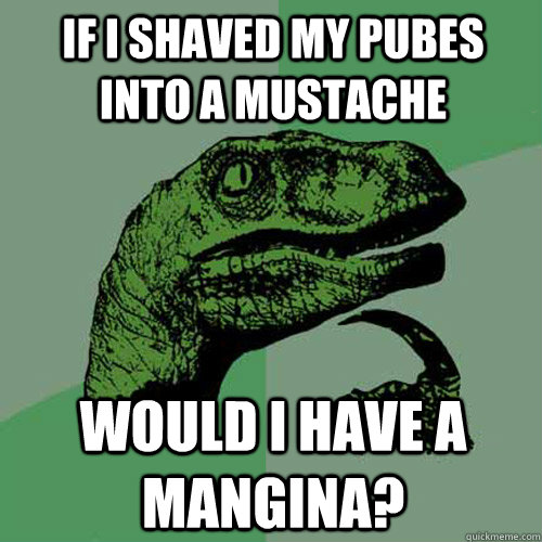 If I shaved my pubes into a mustache  would I have a mangina?  - If I shaved my pubes into a mustache  would I have a mangina?   Philosoraptor