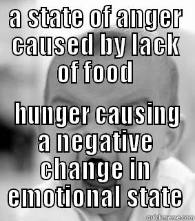 A STATE OF ANGER CAUSED BY LACK OF FOOD  HUNGER CAUSING A NEGATIVE CHANGE IN EMOTIONAL STATE Misc