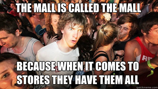 The mall is called the mall
 because when it comes to stores they have them all  Sudden Clarity Clarence