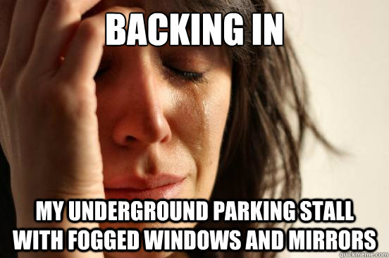 BACKING IN MY UNDERGROUND PARKING STALL WITH FOGGED WINDOWS AND MIRRORS  First World Problems