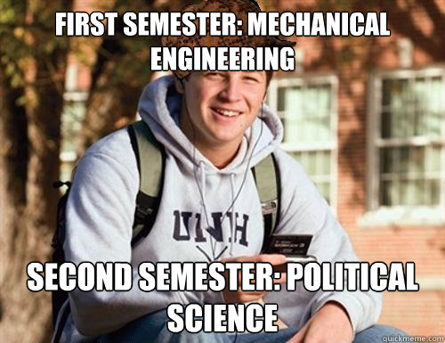 First semester: Mechanical Engineering Second semester: Political Science  College Freshman