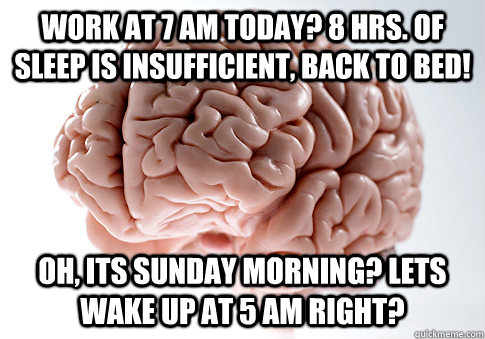 Work at 7 am today? 8 hrs. of sleep is insufficient, back to bed! Oh, Its sunday morning? lets wake up at 5 am right?  ScumbagBrain