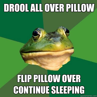 drool all over pillow
 flip pillow over
continue sleeping  Foul Bachelor Frog