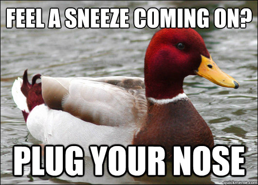 Feel a sneeze coming on?
 Plug your nose  Malicious Advice Mallard