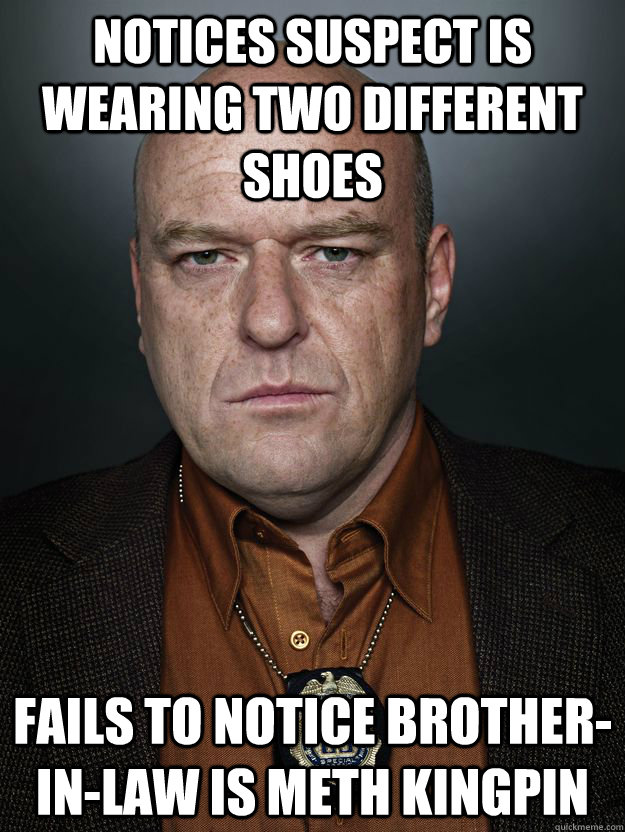 Notices suspect is wearing two different shoes Fails to notice brother-in-law is meth kingpin - Notices suspect is wearing two different shoes Fails to notice brother-in-law is meth kingpin  Hank Schrader