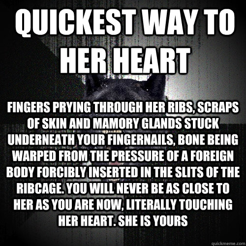 Quickest way to her heart fingers prying through her ribs, scraps of skin and mamory glands stuck underneath your fingernails, bone being warped from the pressure of a foreign body forcibly inserted in the slits of the ribcage. You will never be as close   Insanity Wolf