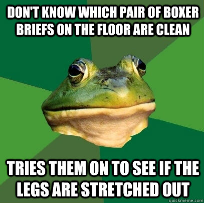 Don't know which pair of boxer briefs on the floor are clean Tries them on to see if the legs are stretched out  Foul Bachelor Frog