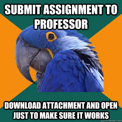 Submit assignment to professor download attachment and open just to make sure it works  Paranoid Parrot