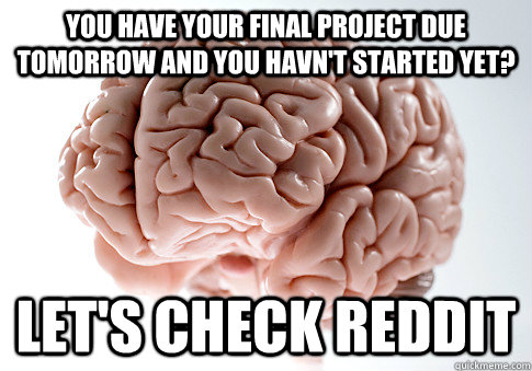 you have your final project due tomorrow and you havn't started yet? let's check reddit  Scumbag Brain