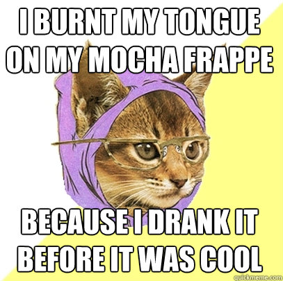 I burnt my tongue on my mocha frappe  because i drank it before it was cool  Hipster Kitty