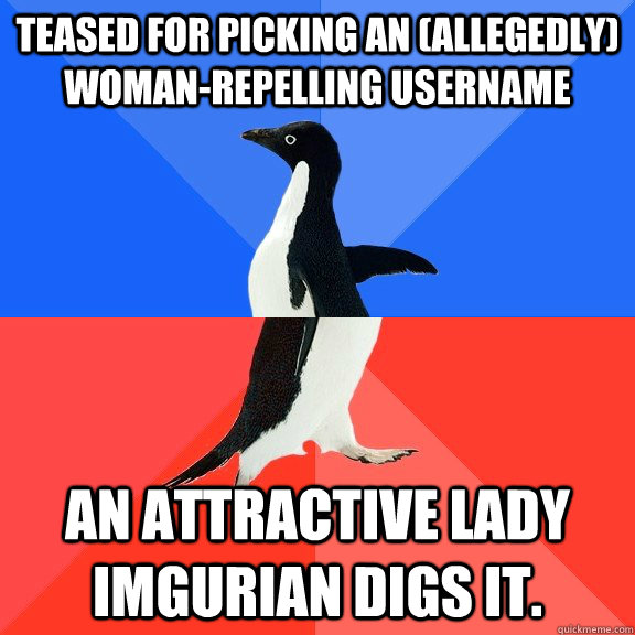 Teased for picking an (allegedly) woman-repelling username an attractive lady Imgurian digs it.  Socially Awkward Awesome Penguin