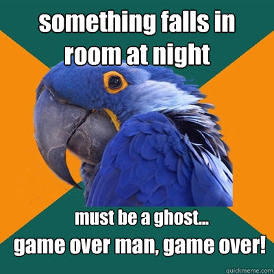 something falls in room at night game over man, game over! must be a ghost...  Paranoid Parrot