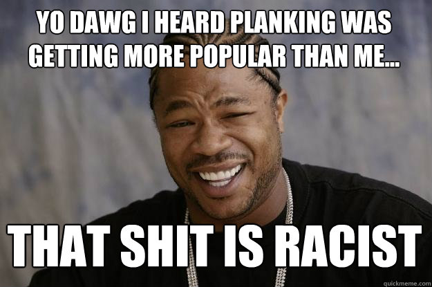 YO DAWG I HEARD PLANKING WAS GETTING MORE POPULAR THAN ME... THAT SHIT IS RACIST - YO DAWG I HEARD PLANKING WAS GETTING MORE POPULAR THAN ME... THAT SHIT IS RACIST  Xzibit meme