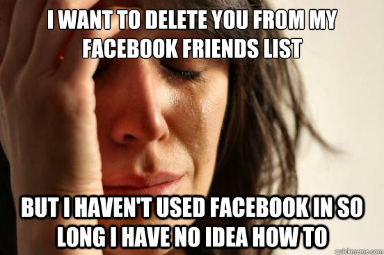 I want to delete you from my facebook friends list but i haven't used facebook in so long i have no idea how to  First World Problems