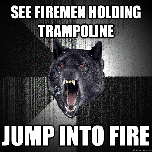See firemen holding trampoline jump into fire  Insanity Wolf
