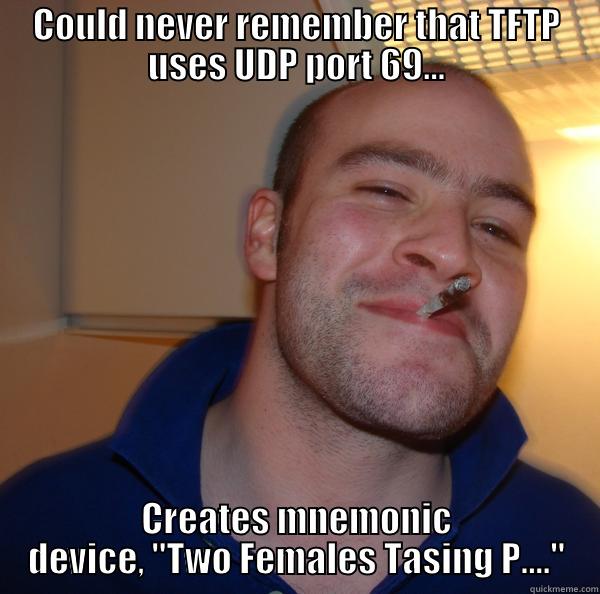 COULD NEVER REMEMBER THAT TFTP USES UDP PORT 69... CREATES MNEMONIC DEVICE, 