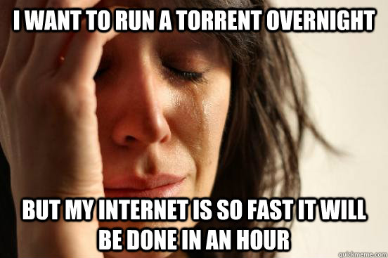 i want to run a torrent overnight but my internet is so fast it will be done in an hour  First World Problems