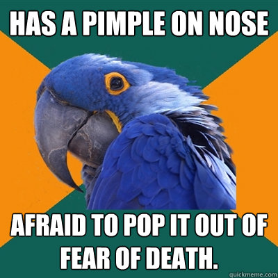 has a pimple on nose afraid to pop it out of fear of death.   Paranoid Parrot