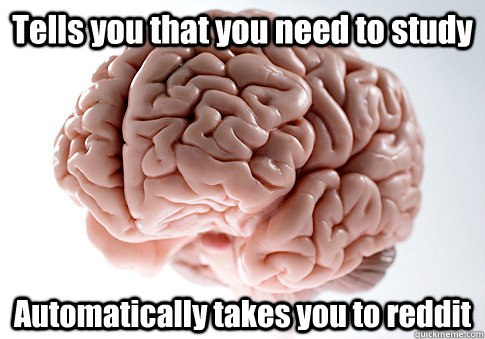 Tells you that you need to study Automatically takes you to reddit  Scumbag Brain
