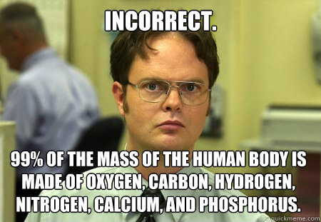 Incorrect. 99% of the mass of the human body is made of oxygen, carbon, hydrogen, nitrogen, calcium, and phosphorus.  Dwight