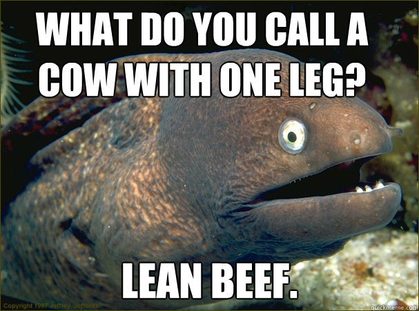 What do you call a cow with one leg? Lean Beef. - What do you call a cow with one leg? Lean Beef.  Bad Joke Eel