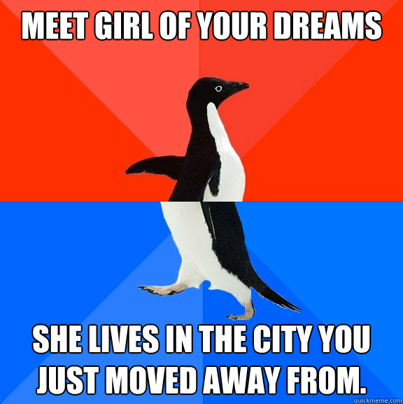 Meet girl of your dreams She lives in the city you just moved away from.  Socially Awesome Awkward Penguin