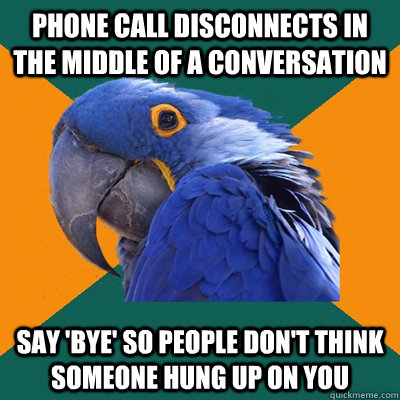 Phone call disconnects in the middle of a conversation Say 'bye' so people don't think someone hung up on you   Paranoid Parrot
