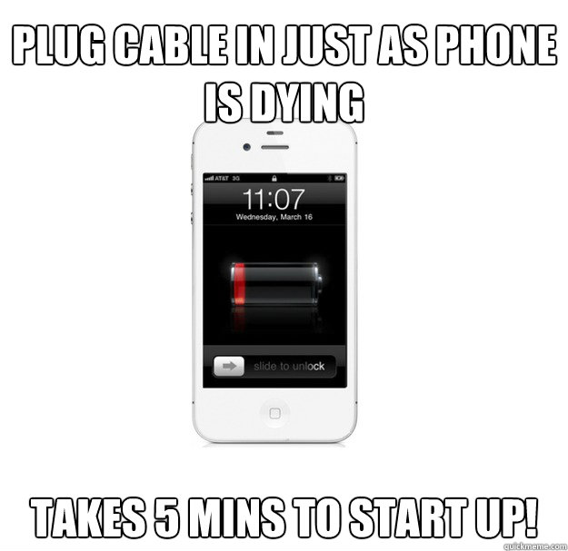 Plug Cable in just as phone is dying takes 5 mins to start up!  scumbag cellphone