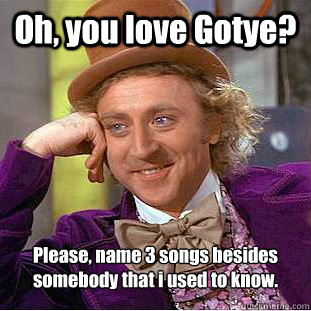 Oh, you love Gotye? Please, name 3 songs besides somebody that i used to know.  Condescending Wonka