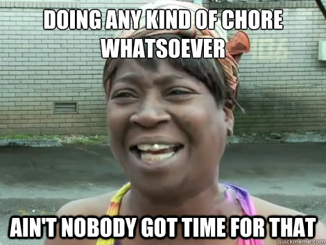 doing any kind of chore whatsoever Ain't Nobody Got Time For that  - doing any kind of chore whatsoever Ain't Nobody Got Time For that   Sweet Brown Bronchitus