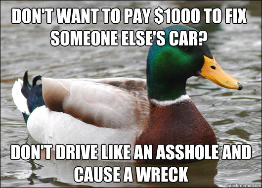 Don't want to pay $1000 to fix someone else's car? Don't drive like an asshole and cause a wreck  Actual Advice Mallard