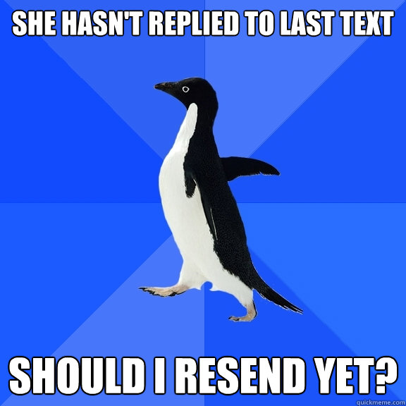 she hasn't replied to last text should i resend yet?  Socially Awkward Penguin