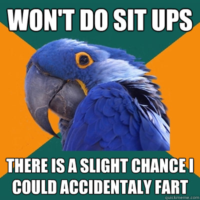 Won't do sit ups There is a slight chance I could accidentaly fart  Paranoid Parrot