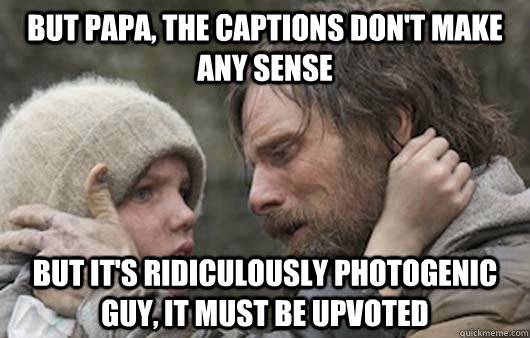 But papa, the captions don't make any sense But it's ridiculously photogenic guy, it must be upvoted  Viggo Explains Reddit