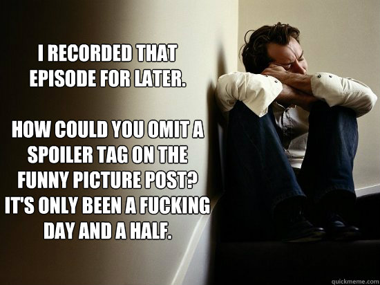 I RECORDED THAT EPISODE FOR LATER. 

HOW COULD YOU OMIT A SPOILER TAG ON THE FUNNY PICTURE POST? IT'S ONLY BEEN A FUCKING DAY AND A HALF.  