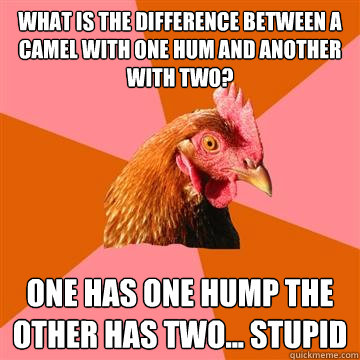 What is the difference between a camel with one hum and another with two? One has one hump the other has two... stupid - What is the difference between a camel with one hum and another with two? One has one hump the other has two... stupid  Anti-Joke Chicken