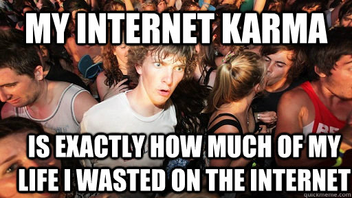 my internet karma is exactly how much of my life I wasted on the internet  Sudden Clarity Clarence