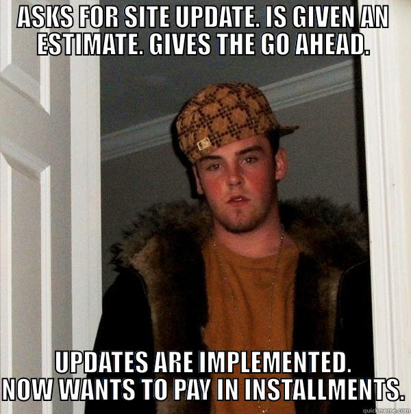 ASKS FOR SITE UPDATE. IS GIVEN AN ESTIMATE. GIVES THE GO AHEAD. UPDATES ARE IMPLEMENTED. NOW WANTS TO PAY IN INSTALLMENTS. Scumbag Steve