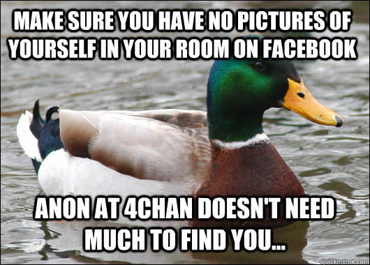 Make sure you have no pictures of yourself in your room on facebook Anon at 4chan doesn't need much to find you...  Actual Advice Mallard