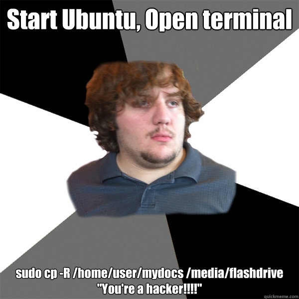 Start Ubuntu, Open terminal sudo cp -R /home/user/mydocs /media/flashdrive
