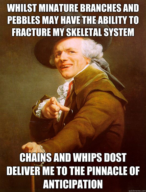 whilst minature branches and pebbles may have the ability to fracture my skeletal system chains and whips dost deliver me to the pinnacle of anticipation - whilst minature branches and pebbles may have the ability to fracture my skeletal system chains and whips dost deliver me to the pinnacle of anticipation  Joseph Ducreux