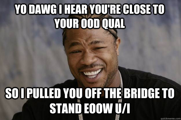 YO DAWG I HEAR YOU'RE CLOSE TO YOUR OOD QUAL SO I PULLED YOU OFF THE BRIDGE TO STAND EOOW U/I - YO DAWG I HEAR YOU'RE CLOSE TO YOUR OOD QUAL SO I PULLED YOU OFF THE BRIDGE TO STAND EOOW U/I  Xzibit meme
